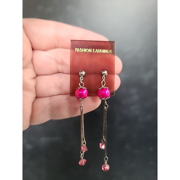 Korean Silver Tone Metal Pink Faux Pearl & Rhinestone Dangling Pierced Earrings - Picture 2 of 10